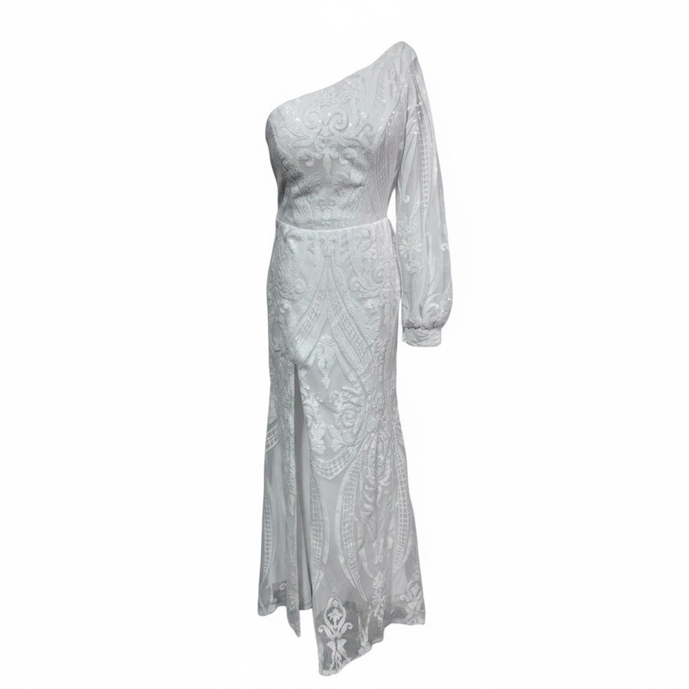 Women's White‎ One Shoulder Lace Sequin Formal Dress Elegant Stunning Bridal 8